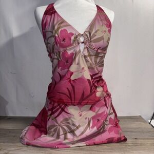 Girls 14 Pink Floral Lined Halter Top Tankini Skirt Swimsuit Classic Elements